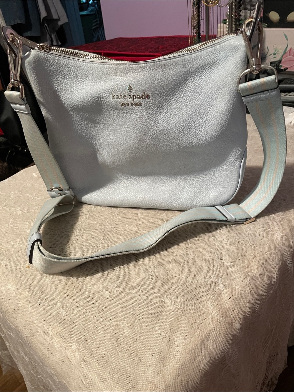 kate spade light blue pebble leather crossbody with striped strap